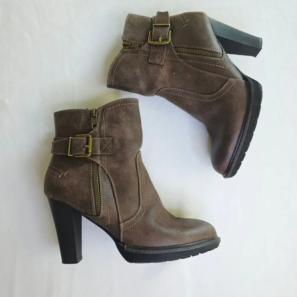 White Mountain Ankle Boots Size 8 Brown Buckle Zip Block Heel Moto Boho Western
